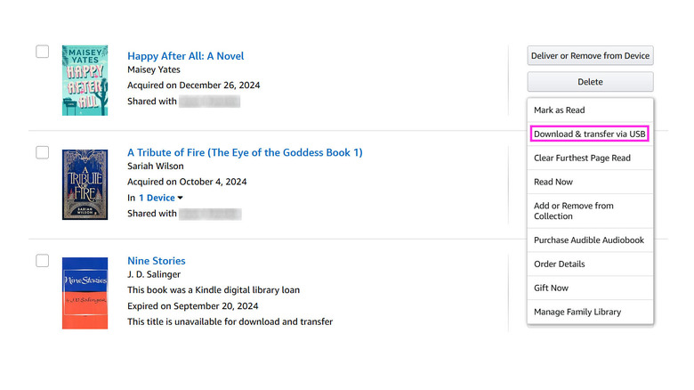 Kindle에서 구매 한 전자 책을 다운로드하는 옵션은 옆의 드롭 다운에 나타납니다.