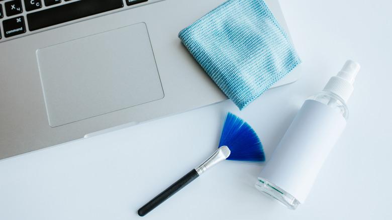 브러시, 스프레이 및 코튼 천이있는 노트북