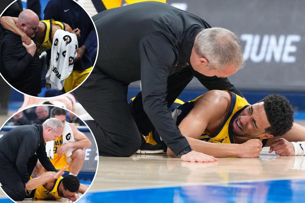 Tyrese Haliburton은 NBA Finals의 게임 7에서 일찍 Pacers 부상 악몽에서 법정에 부딪칩니다.