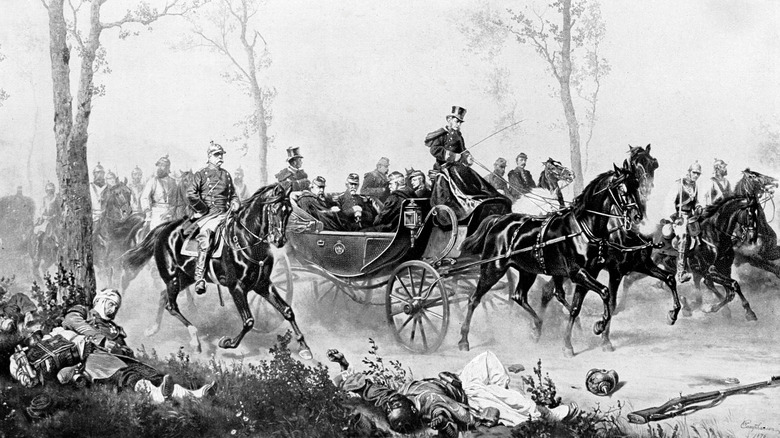 흑백 그림은 코치가 모자를 타고 코치를 보여주고 케이프는 말을 타고 군인들로 둘러싸인 군 장교들의 말이 끄는 마차를 운전하는 것을 보여줍니다. 사망했거나 부상당한 병사들은 전경에 누워 있습니다.