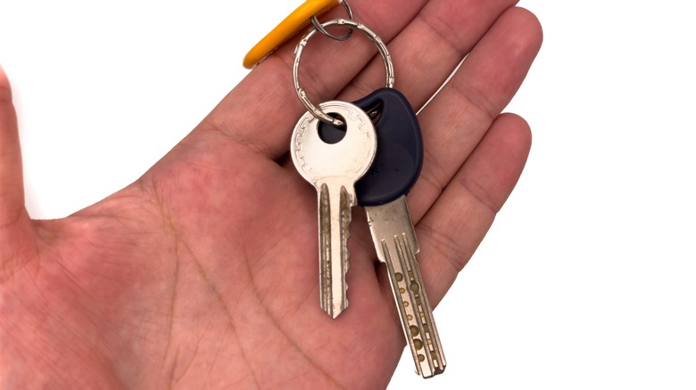 두 개의 키와 노란색 태그로 키를 든 손을 잡고