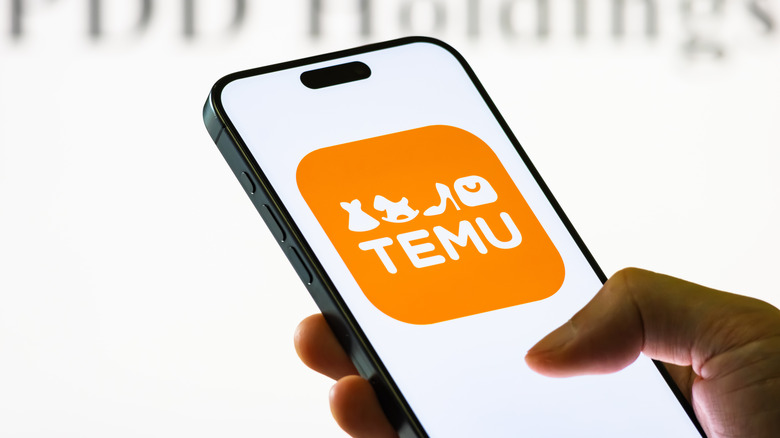 손에는 Temu의 로고를 표시하는 iPhone이 있습니다.