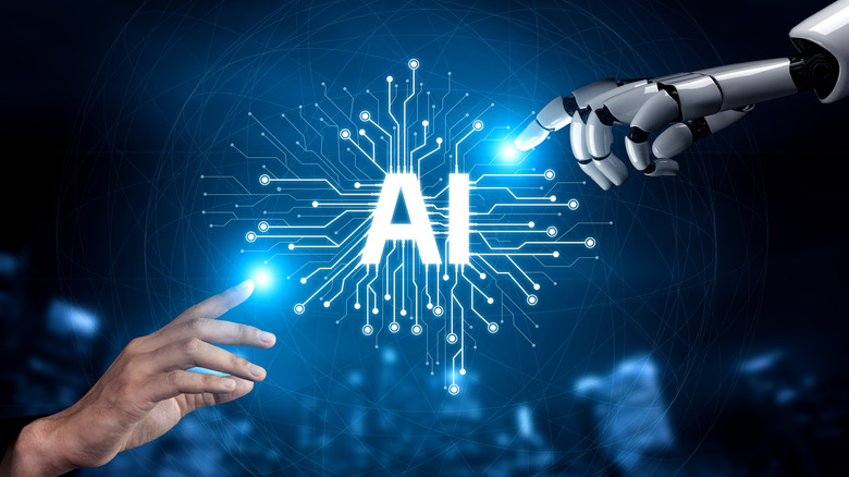 인간과 로봇이 손을 뻗는 AI 그래픽