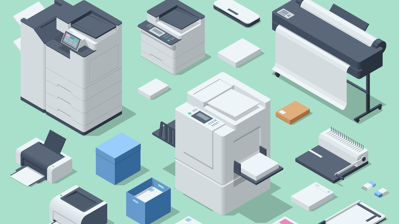 녹색 배경에 프린터의 만화 렌더링