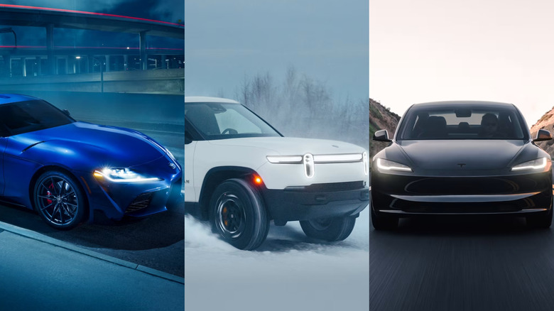 Toyota GR Supra, Rivian R1 전기 트럭 및 Tesla Model 3의 전면 페시아