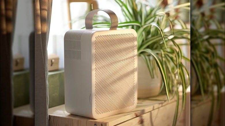 테이블 위에 놓인 직사각형 공기청정기