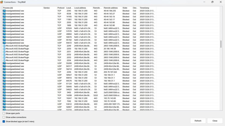 지난 5분 동안 차단된 모든 앱을 보여주는 TinyWall 앱 인터페이스