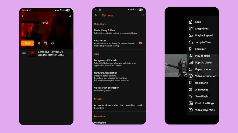 VLC 미디어 플레이어 설정 페이지, 재생 목록 페이지 및 백그라운드에서 비디오가 재생되는 비디오 옵션