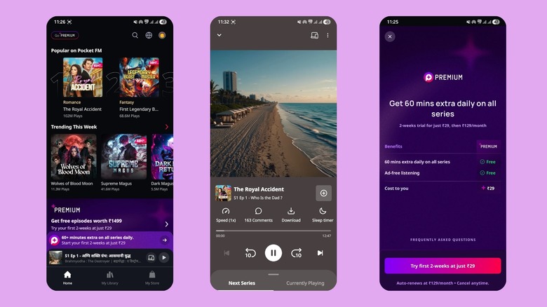 Pocket FM 앱의 오디오 시리즈 재생 및 프리미엄 구독 페이지