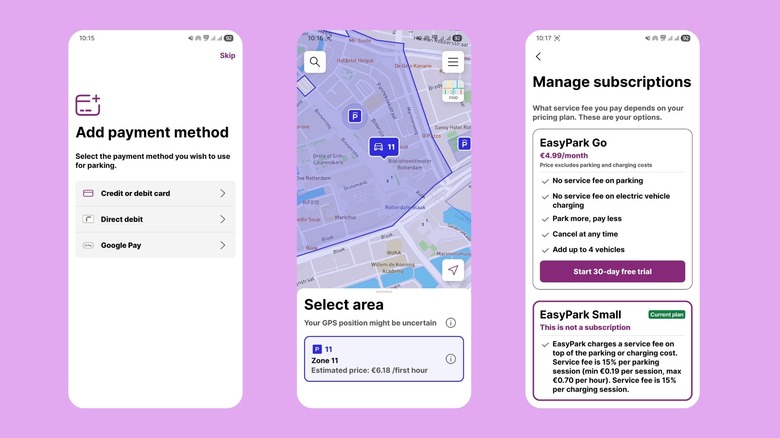 EasyPark 앱의 결제 추가 페이지, 주차 공간 찾기 페이지 및 구독 페이지