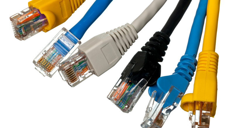 흰색 배경에 격리된 다양한 색상의 cat5e 케이블에 있는 플러그의 매크로 샷