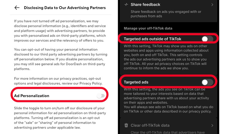 DoorDash 및 TikTok에 대한 인앱 데이터 수집 설정