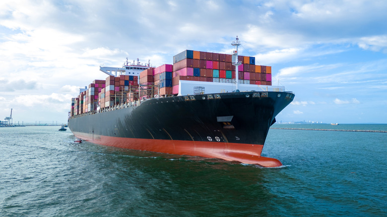 컨테이너를 운반하는 화물선의 공중 측면 보기