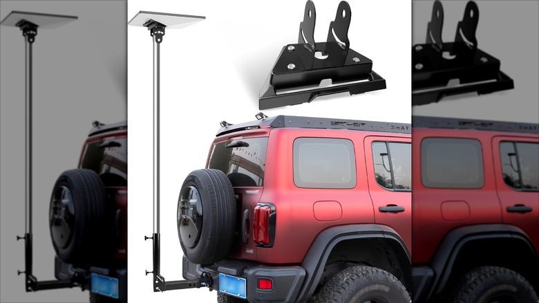 자동차 옆에 있는 Lymorexan Starlink 미니 폴 및 히치 마운트