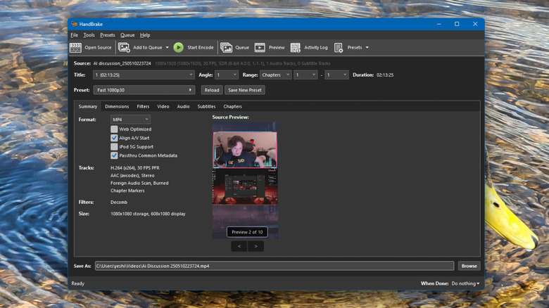 Windows 데스크톱에서 실행되는 HandBrake 앱