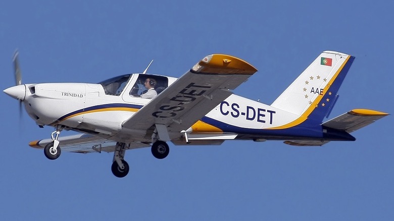 포르투갈 국기를 들고 공중에 떠 있는 Socota TB-20 Trinidad GT