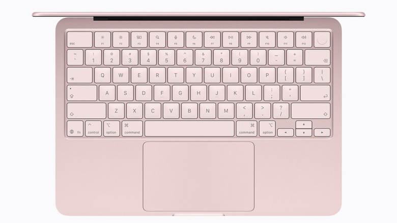 핑크색 Apple Neo의 위에서 아래로 본 모습