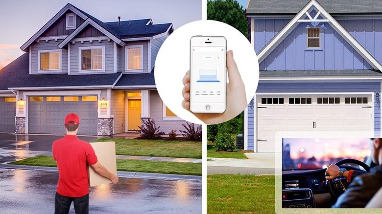 집을 바라보는 배달원과 그 사이에 전화기를 들고 있는 모습, 운전하는 사람의 모습이 담긴 집.