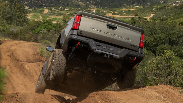 언덕이 많은 오프로드 흙길에 있는 청동색 Toyota Tacoma의 후면 3/4 뷰