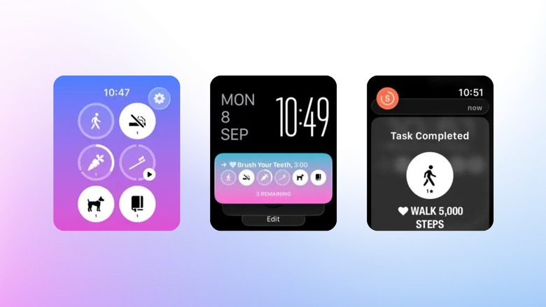 습관 추적 아이콘 일일 작업 위젯과 완료된 단계 목표 알림을 보여주는 Streaks Apple Watch 앱