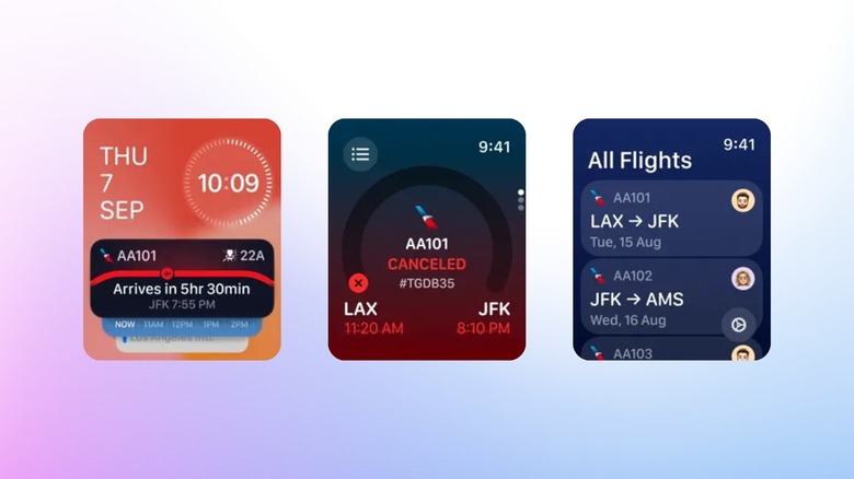 세 개의 Apple Watch 화면에 있는 Flighty 앱 인터페이스