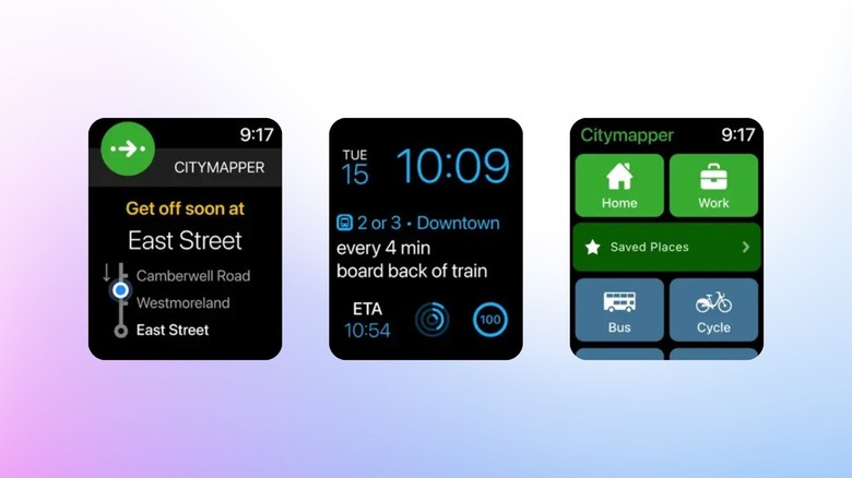 대중교통 알림, 다음 열차 세부 정보 및 내비게이션 단축키를 표시하는 Citymapper Apple Watch 앱
