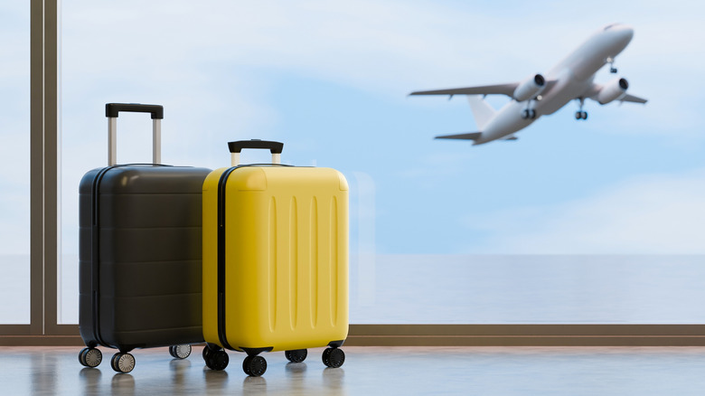 비행기가 이륙할 때 공항에 있는 여행가방.