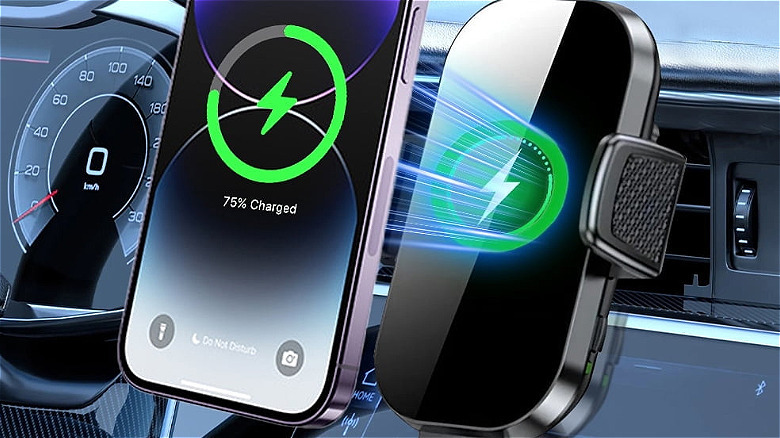 Sinyway 무선 차량용 충전기로 충전되는 휴대폰.