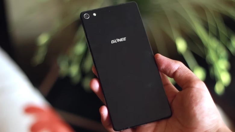 초점이 맞지 않는 식물 앞에서 Gionee Elife S7을 들고 있는 손