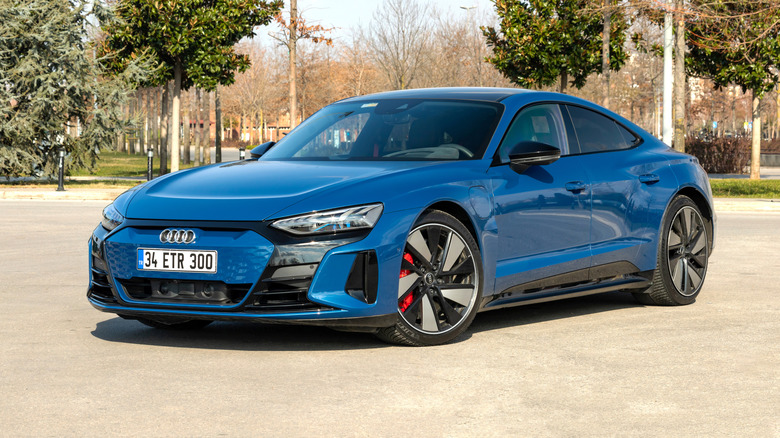 나무를 배경으로 야외에 주차된 파란색 Audi RS e-Tron GT Performance.