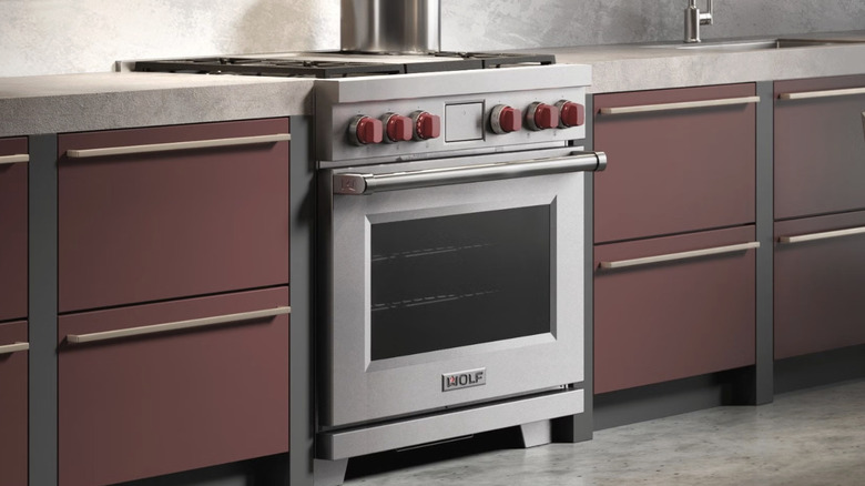 밝은 조리대와 백스플래시가 있는 현대적인 진한 빨간색 캐비닛에 빨간색 손잡이가 있는 Wolf 제품군