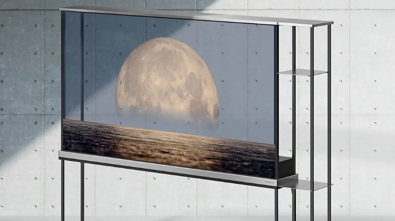 콘크리트 벽에 걸린 LG 투명 TV OLED T.