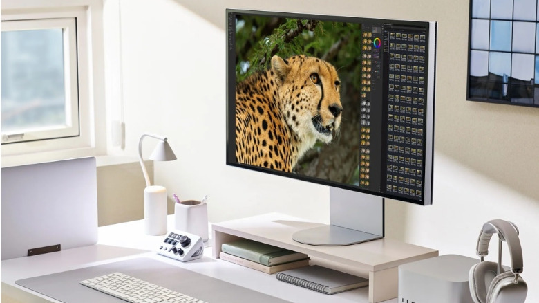 흰색 책상 위의 LG UltraFine evo 6K 모니터.