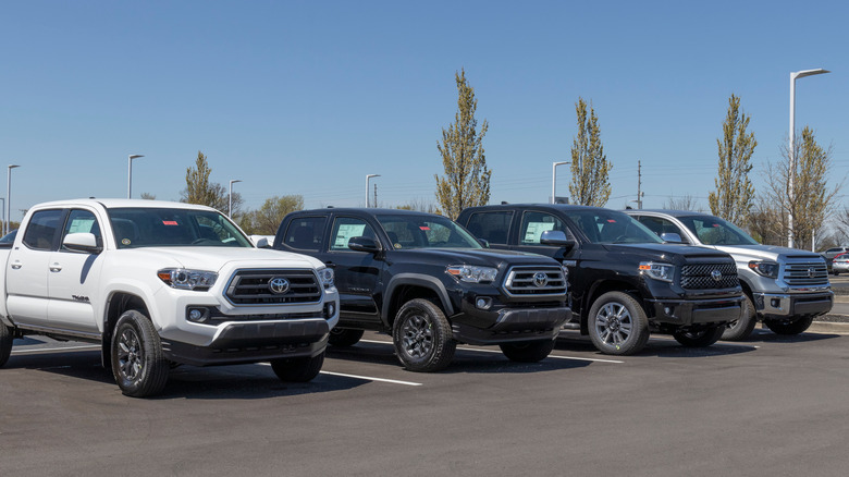 대리점 부지에 주차된 Toyota Tacoma와 Tundra 픽업 트럭의 전면 모습.