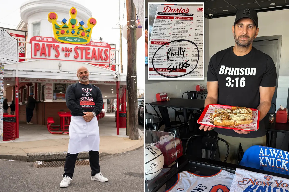 Philly 치즈 스테이크를 만든 식당 주인은 내기에서 진 후 Knicks 장비를 입고 Long Island 피자 가게에서 요리할 예정입니다.