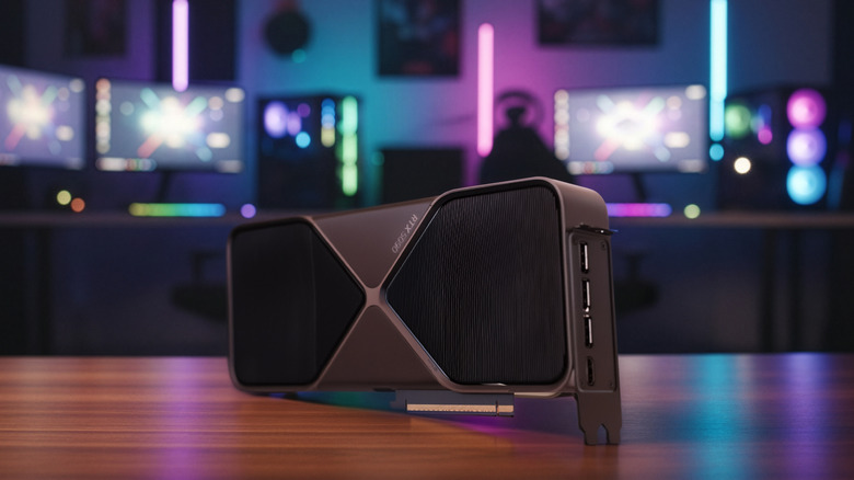 두 대의 게이밍 PC 앞에 있는 Nvidia GeForce RTX 5090 GPU