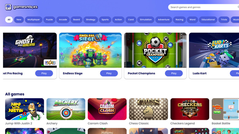 다양한 게임이 있는 GameSnacks 웹사이트