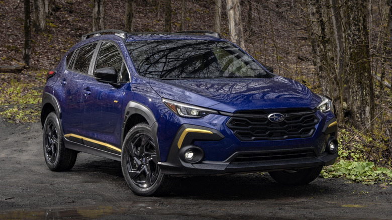 숲 속의 파란색 Subaru Crosstrek 스포츠