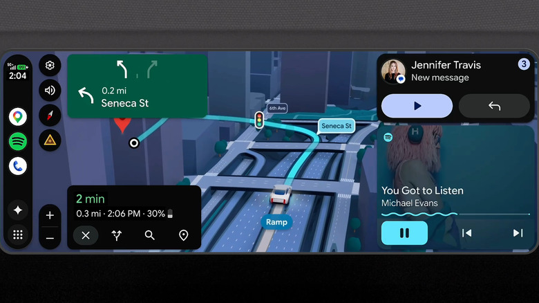 내비게이션, 메시지, 음악을 표시하는 새로운 Android Auto 디스플레이.