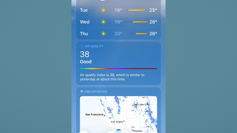 Apple Weather 개요의 공기질 섹션.