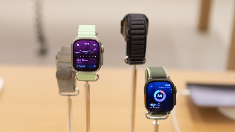 Apple 이벤트 장소에 전시된 Apple Watch 모델
