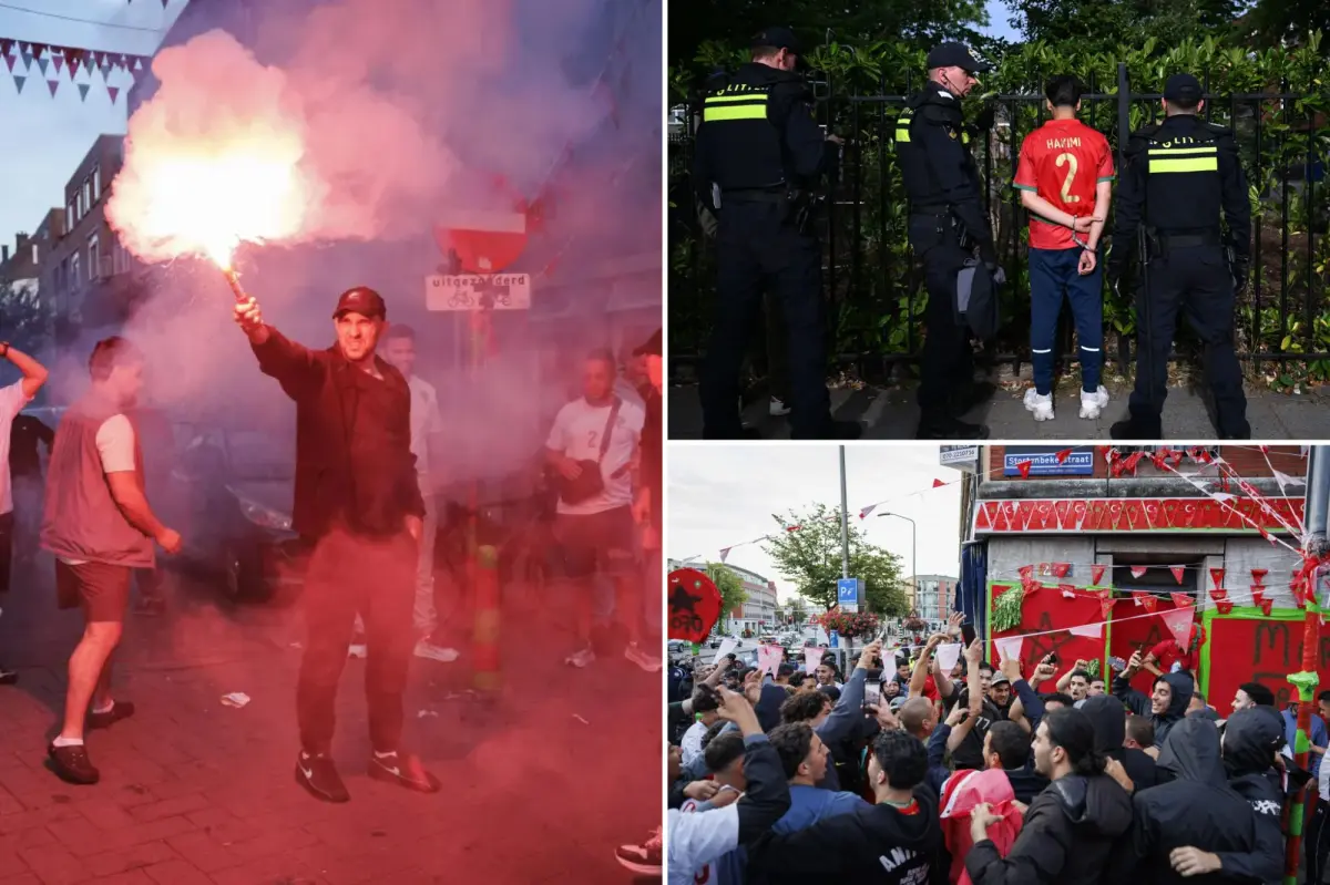 모로코가 네덜란드를 뒤집은 뒤 헤이그에서 FIFA 월드컵 팬들과 경찰이 충돌했습니다.