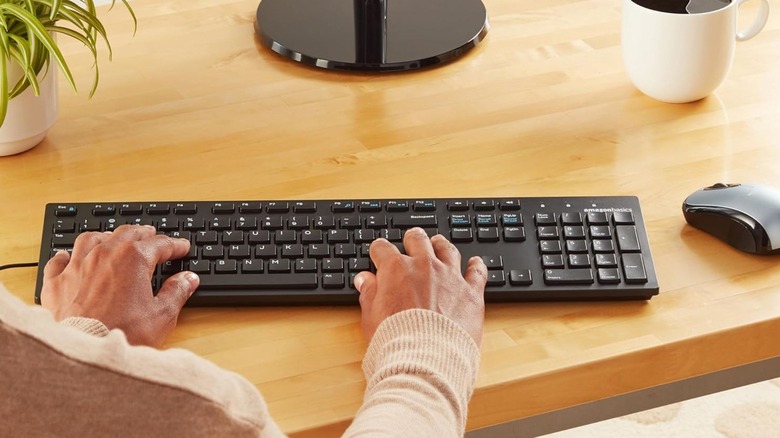 책상 위의 Amazon Basics 유선 키보드에 손을 대고 있는 모습.