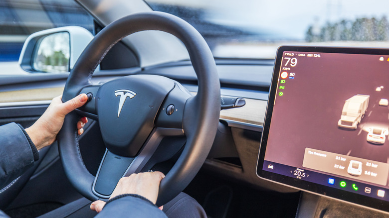 Tesla 스티어링 휠과 인포테인먼트 화면의 모습