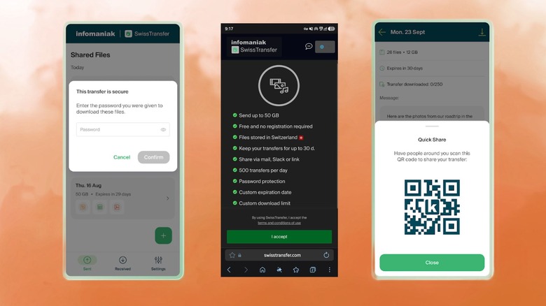 해당 기능을 표시하는 Android 스마트폰의 SwissTransfer 앱