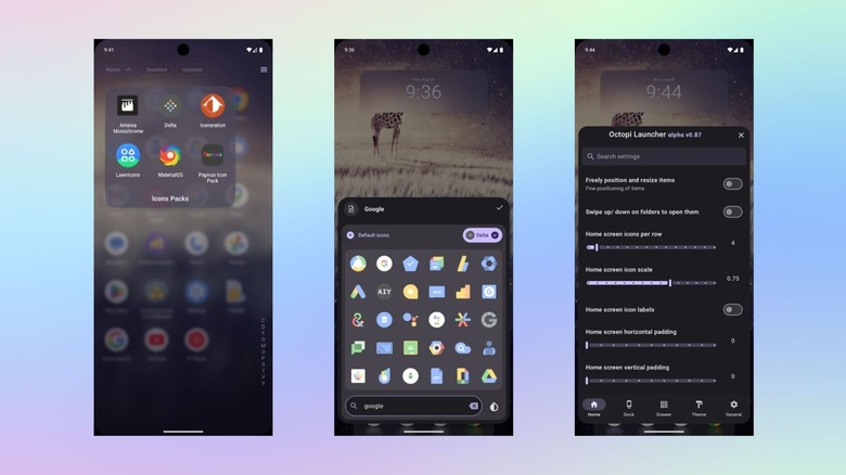 Octopi Launcher 앱의 다양한 홈 화면 메뉴