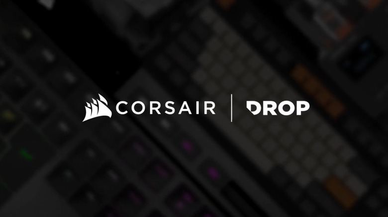 여러 키보드를 보여주는 배경과 함께 Corsair 및 Drop 로고를 보여주는 스크린샷