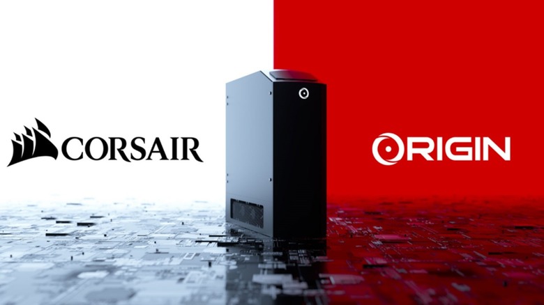 사용자 정의 배경과 함께 Corsair 및 Origin PC 로고를 보여주는 이미지