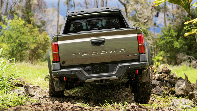 숲길에 있는 녹색 Toyota Tacoma Trailhunter의 뒷모습.