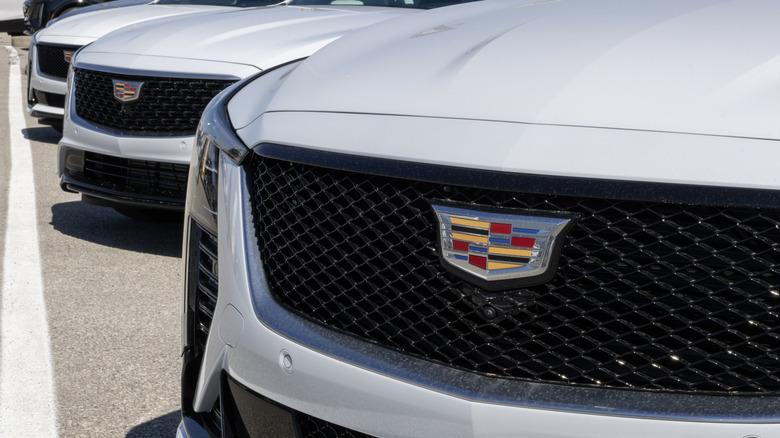 대리점 부지에 주차된 Cadillac CT5 그릴을 닫습니다.